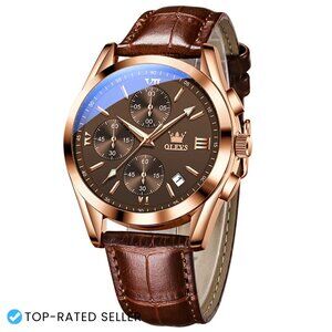 Men's Casual Leather Chronograph Watch Gold Dial Big Face Water Resistant Dress